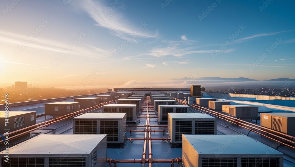 Fototapeta premium Air conditioning (HVAC) systems are installed on the roofs of industrial buildings, designed to regulate temperature and air quality efficiently