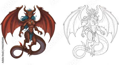 Ancient Dragoness Portrait: A captivating fantasy portrait showcases a majestic dragoness in stunning detail, revealing her intricate anatomy, flowing teal hair, and formidable wings.