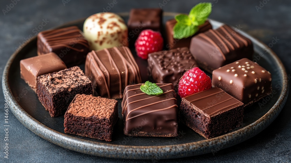 Assorted chocolate treats and brownies on a dark plate Assorted chocolate treats and brownies on a dark plate