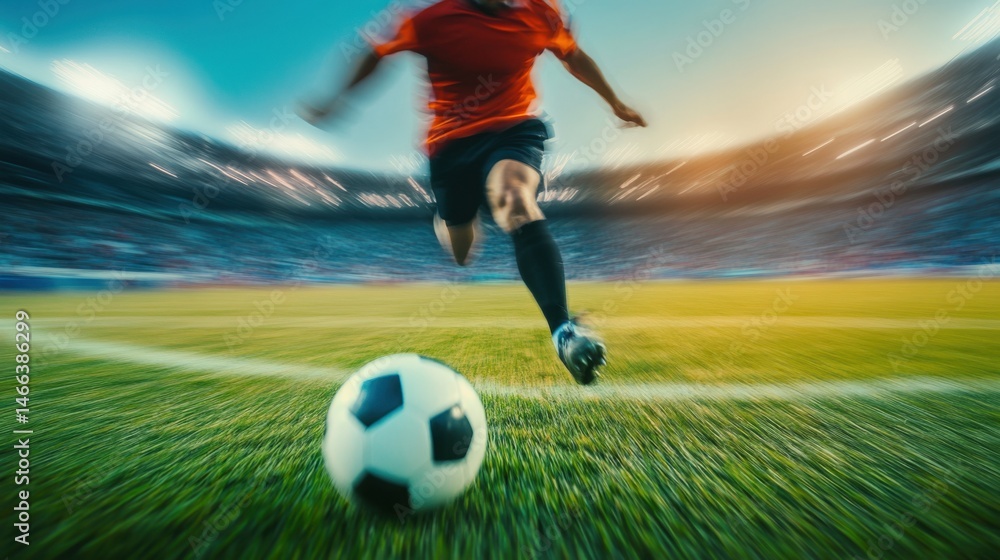 Soccer Player Kicking Ball in Stadium