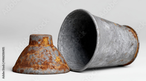 Rustic flashlight with a lid placed on a clean white surface highlighting vintage metal textures and worn finishes