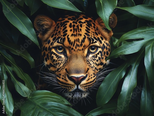 Obraz na płótnie Intense jungle scene with leopard camouflaged in green leaves showing primal beauty and predator focus in the wild
w salonie