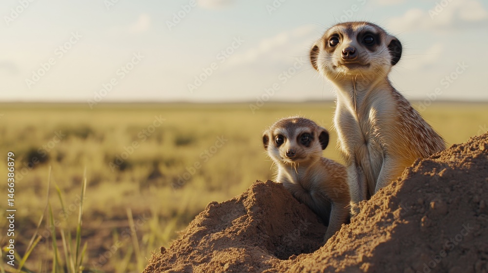 Two meerkats watch from a burrow