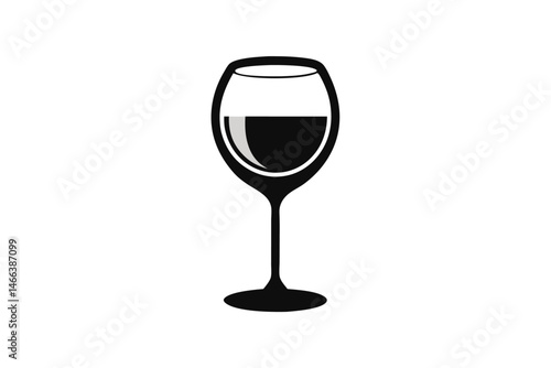 A simple black and white illustration of a glass half full with wine