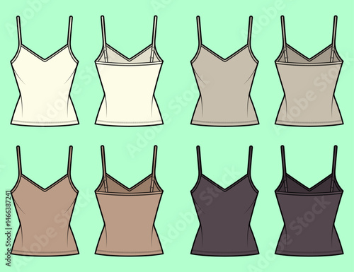 V neck camisole tops bundle colour set technical drawing fashion flat sketch vector illustration template front and back views outline CAD mockup