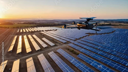 A drone flies over a large solar panel farm at sunset, showcasing clean energy technology in an open rural landscape.