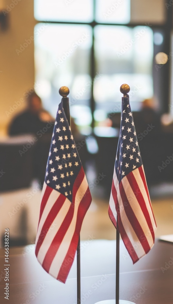 A serene moment two american flags on a desk amidst a lively, engaged background scene