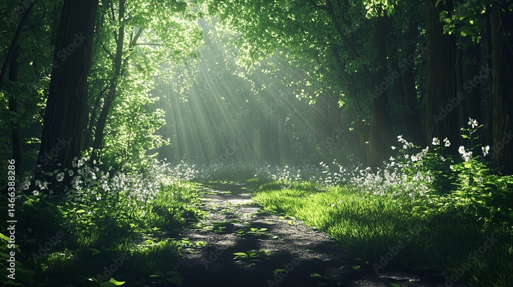 Obraz premium Sunlit path through green forest with glowing rays.