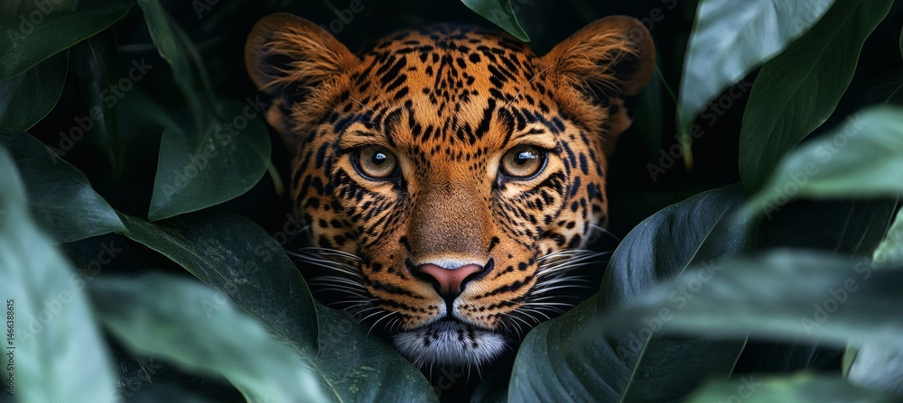 Intense jungle scene with leopard camouflaged in green leaves showing primal beauty and predator focus in the wild
