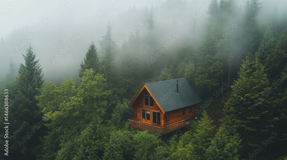 Log cabin nestled in a misty forest clearing. Log cabin nestled in a misty forest clearing.