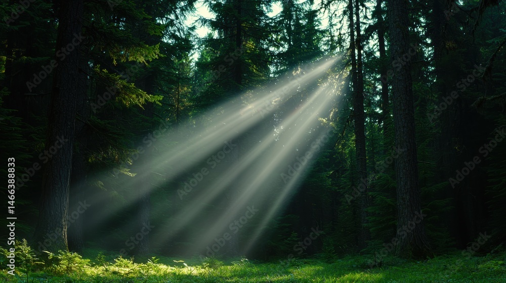 Obraz premium sunbeams shining through the trees in a forest