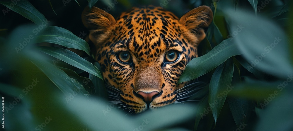 Intense jungle scene with leopard camouflaged in green leaves showing primal beauty and predator focus in the wild