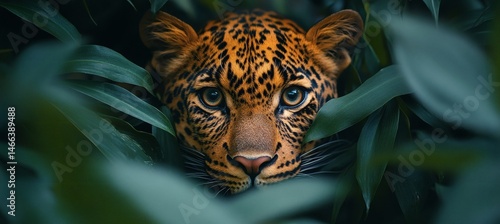 Obraz na płótnie Intense jungle scene with leopard camouflaged in green leaves showing primal beauty and predator focus in the wild
w salonie