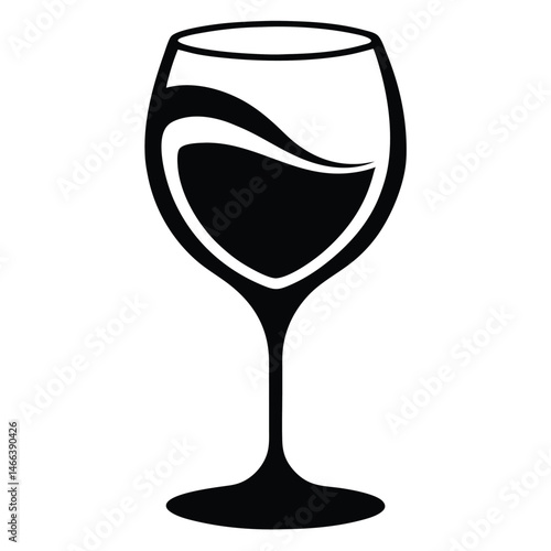 A single black wine glass is filled with red liquid that swirls