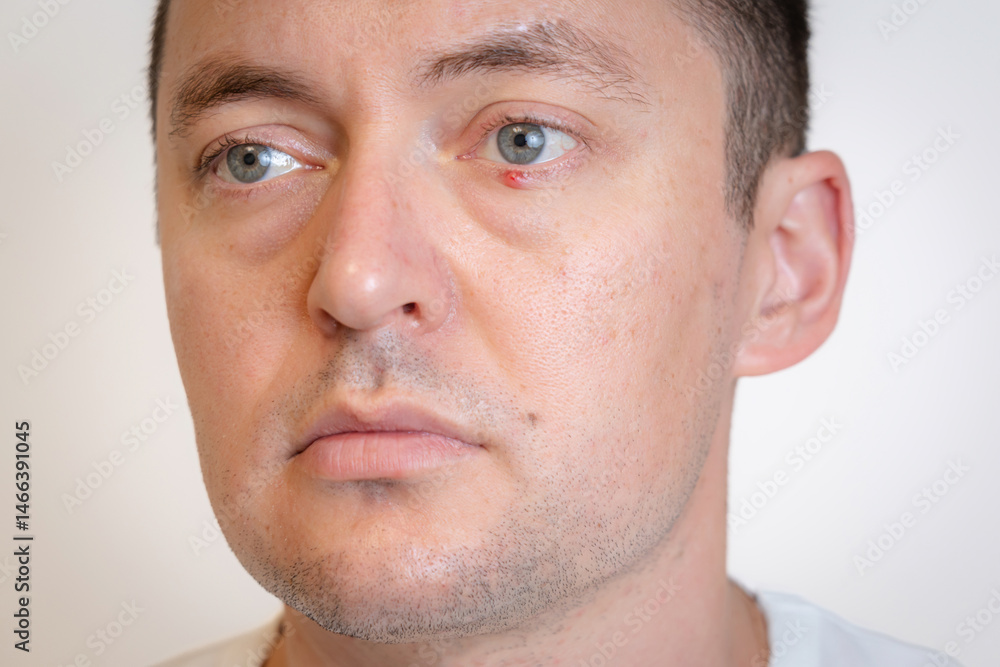 Obraz premium Man's eyes with pus redness like chalazion caused by blocked sebaceous glad on lower eyelid. Hordeolum. Viral infection