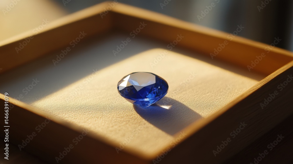 Brilliant blue gem in a wooden box