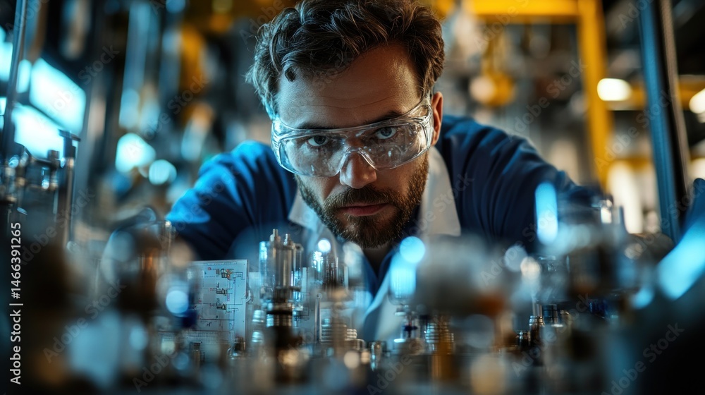 Focused scientist examines complex machinery in a laboratory setting Focused scientist examines complex machinery in a laboratory setting