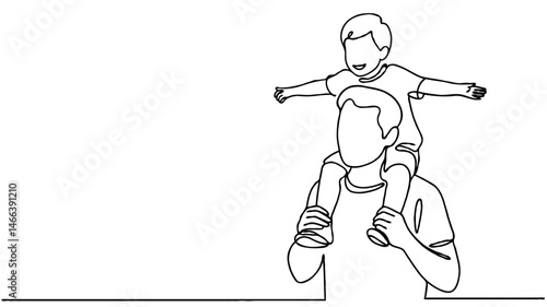 Minimalist line art of father carrying son on shoulders