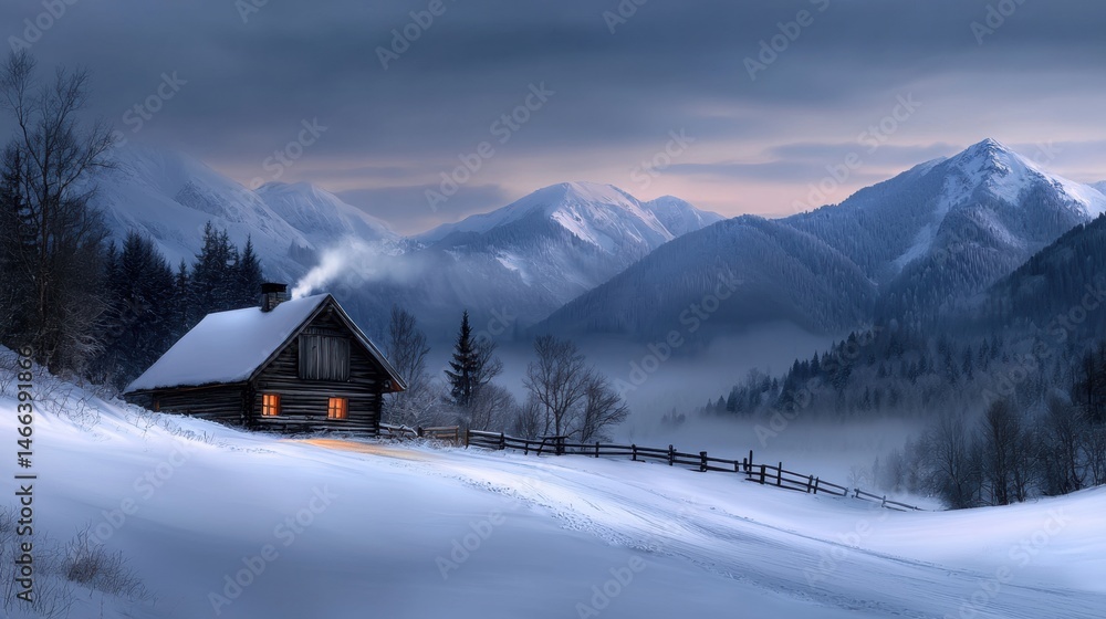 Fototapeta premium a snowy mountain scene with a cabin in the middle