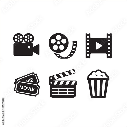 Cinema icons set with movie camera icon as vector illustration symbol for film business design.