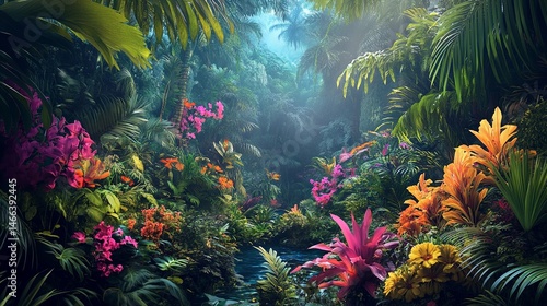 Fototapeta Naklejka Na Ścianę i Meble -  Lush jungle with exotic plants and bright flowers.
