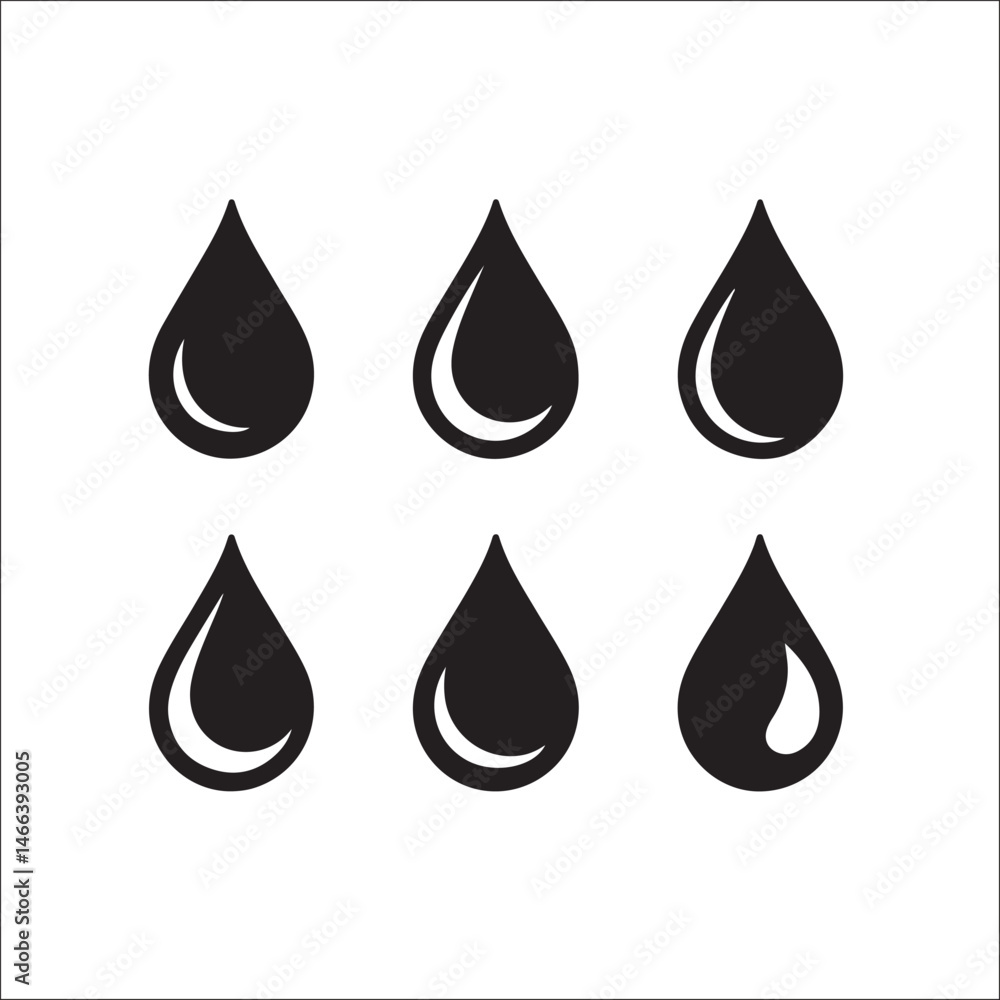 A vector illustration depicts a set of clear water drops, a set of oil drops, and a single red blood droplet. A vector illustration depicts a set of clear water drops, a set of oil drops, and a single red blood droplet.