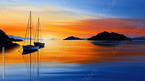 Fototapeta Naklejka Na Ścianę i Meble -  a painting of two boats floating in the ocean at sunset