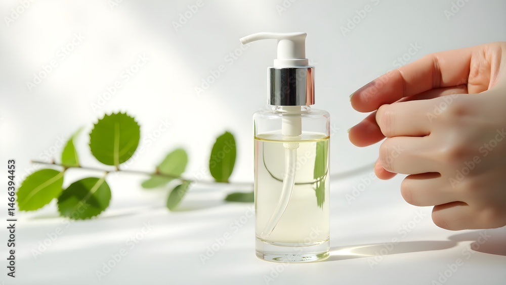 glass bottle with liquid, green leaves, hand reaching towards bottle, natural, minimalist, high contrast, glass, foliage, transparent, skin, skin tone, close-up, studio