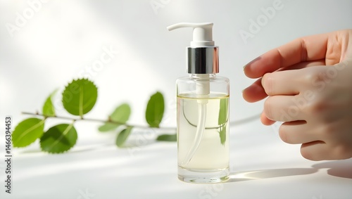 Obraz na płótnie glass bottle with liquid, green leaves, hand reaching towards bottle, natural, minimalist, high contrast, glass, foliage, transparent, skin, skin tone, close-up, studio w salonie