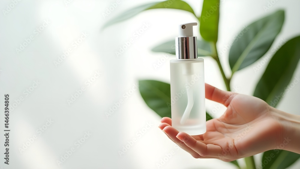 glass bottle with liquid, green leaves, hand reaching towards bottle, natural, minimalist, high contrast, glass, foliage, transparent, skin, skin tone, close-up, studio