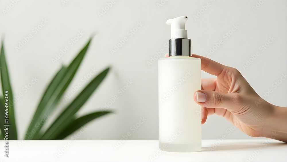 glass bottle with liquid, green leaves, hand reaching towards bottle, natural, minimalist, high contrast, glass, foliage, transparent, skin, skin tone, close-up, studio