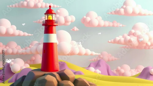 Whimsical Lighthouse: A Tower of Light in a Cartoon Landscape Under Pastel Clouds.
