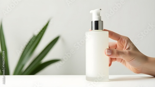 glass bottle with liquid, green leaves, hand reaching towards bottle, natural, minimalist, high contrast, glass, foliage, transparent, skin, skin tone, close-up, studio
