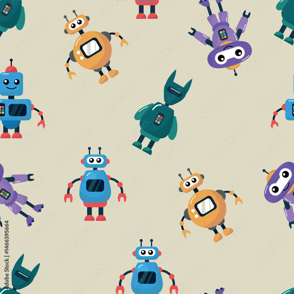 Obraz premium Seamless pattern with cartoon robots. Design for fabric, textile, wallpaper, packaging 