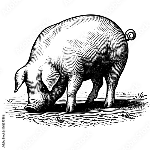 Vintage black and white ink illustration of a pig sniffing mud on the ground, isolated on white background, rustic countryside farm style, detailed engraving sketch.