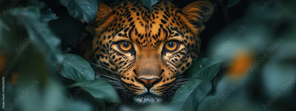 Intense jungle scene with leopard camouflaged in green leaves showing primal beauty and predator focus in the wild