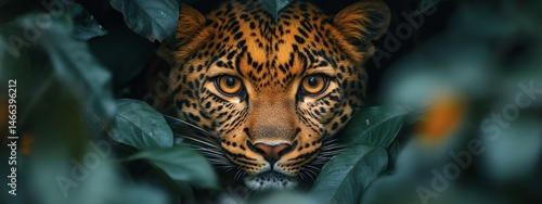 Obraz na płótnie Intense jungle scene with leopard camouflaged in green leaves showing primal beauty and predator focus in the wild
w salonie