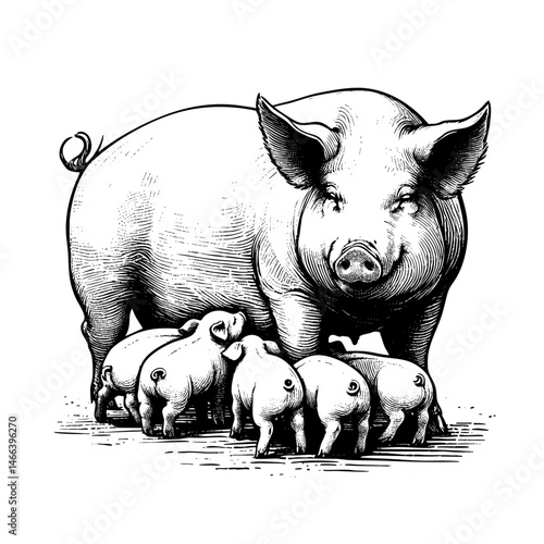 Vintage black and white ink illustration of a mother pig with her piglets, isolated on white background, rustic countryside farm style, detailed engraving sketch.