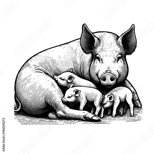 Vintage black and white ink illustration of a mother pig with her piglets, isolated on white background, rustic countryside farm style, detailed engraving sketch.