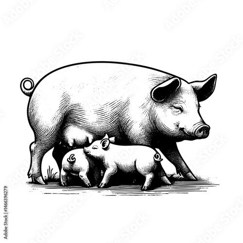 Vintage black and white ink illustration of a mother pig with her piglets, isolated on white background, rustic countryside farm style, detailed engraving sketch.