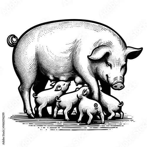 Vintage black and white ink illustration of a mother pig with her piglets, isolated on white background, rustic countryside farm style, detailed engraving sketch.