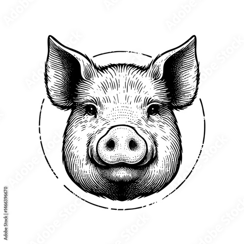 Vintage black and white ink illustration of a pig’s head in close-up, showing detailed features, isolated on white background, rustic farm style, engraving sketch.