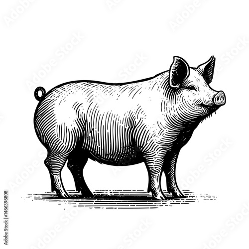Vintage black and white ink illustration of a pig standing, isolated on white background, rustic countryside farm style, detailed classic engraving sketch.