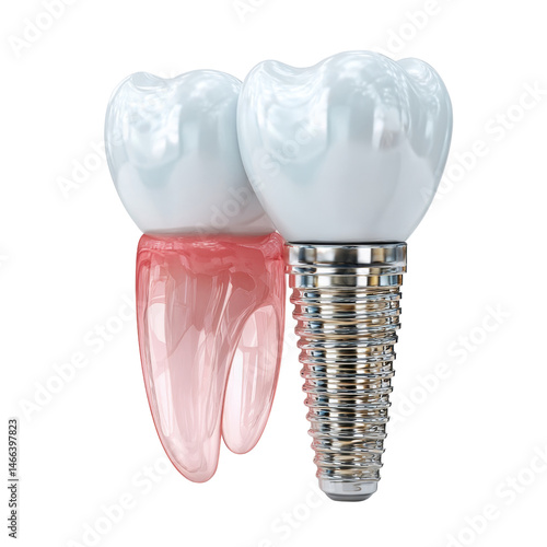 A dental implant stands next to a semi transparent molar, showcasing modern dentistry and restoration on a clean, white background, emphasizing dental health.