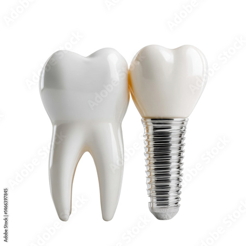 Healthy human tooth is showcased next to a dental implant on a white background representing dentistry, treatment, and the importance of oral hygiene and care.