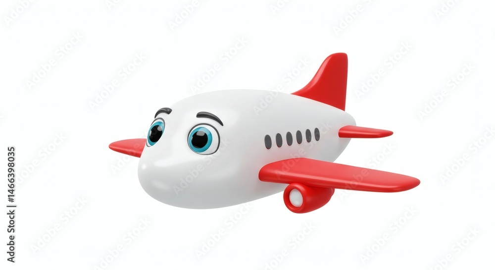 Fototapeta premium cute 3d cartoon white and red airplane on white background