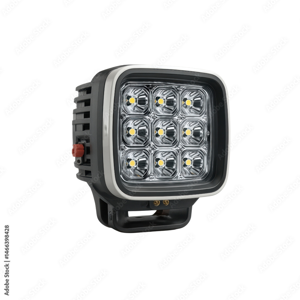 Fototapeta premium A square LED work light with nine powerful bulbs is mounted on a black bracket, featu a white bezel and heat sink fins for efficient cooling system use.