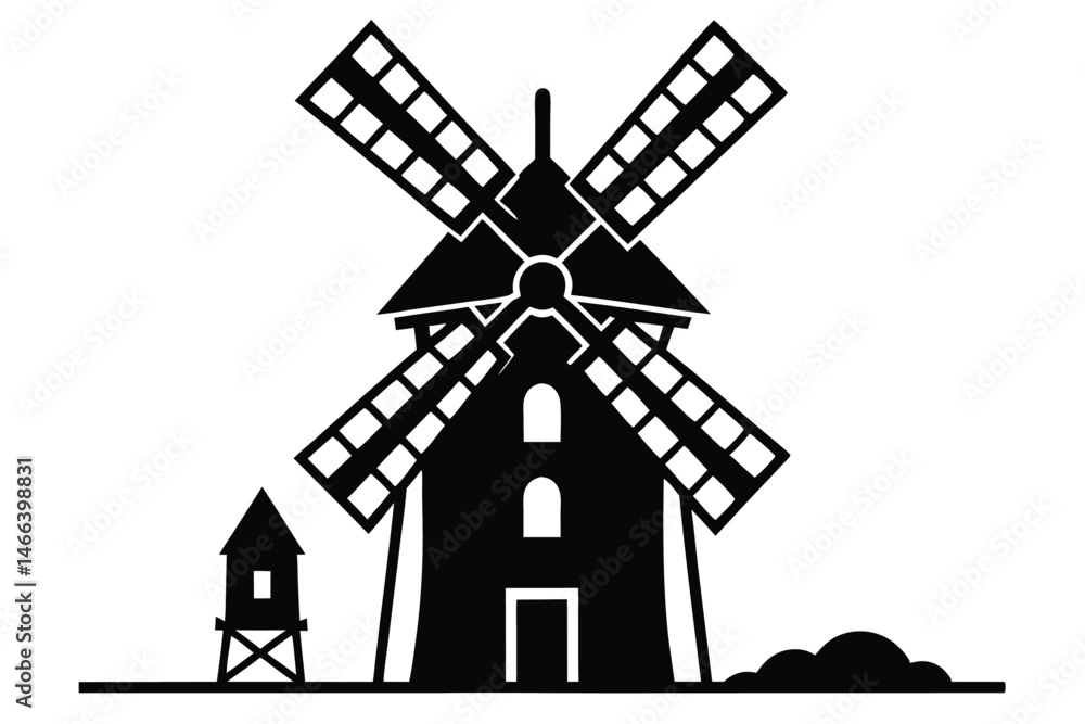 Fototapeta premium Black silhouette shows windmill with adjacent building and base of vegetation under bright sky