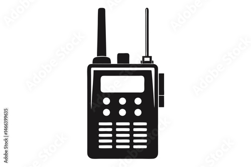 Simple black walkie talkie with antenna showing key panel for communication, it's vector