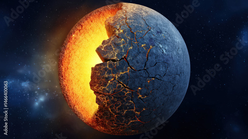 A planet is cracking apart, revealing glowing magma inside with a vibrant orange hue contrasting against the cracked blue surface in a cosmic setting